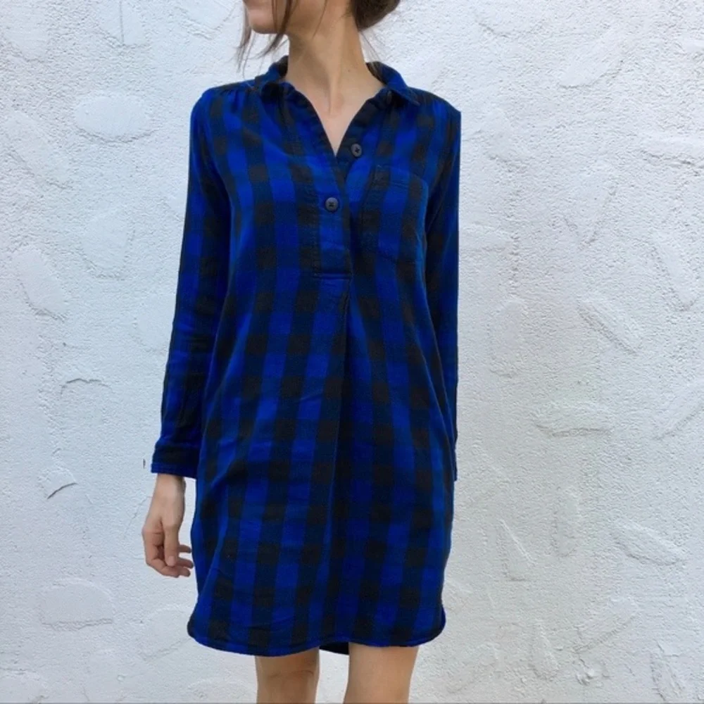 Madewell Jane Buffalo Check Plaid Shirtdress S Blue Black Button Down